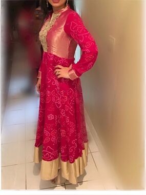 Salwar Kameez Fuchsia Pink Anarkali Dress with Gold Hem Accent